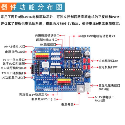 4WD-L293D四驱智能小车驱动板适用于Arduino UNO机器人电机扩展板