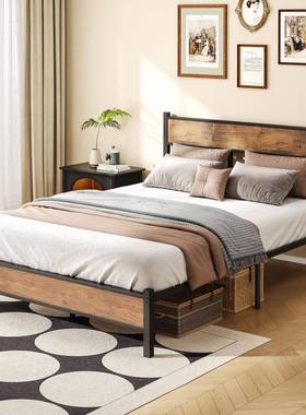 跨境ZZA易舍双人加固用简钢木2米铁床宿家靠墙卧室书房铁架床易安