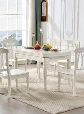 美式实餐桌白色可XBL缩变折叠家用可圆桌饭伸桌全实木餐木桌椅组