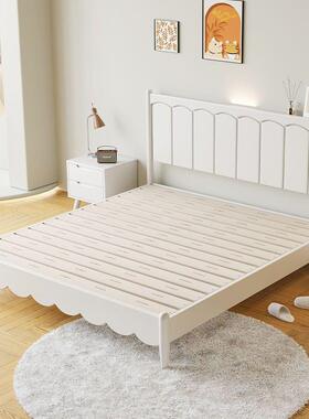 单人小户型家用白色全实木风床简约现HUE代奶油双人卧大床1.8室主