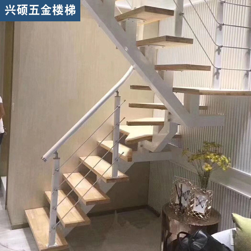 斜梁楼梯 室内复式阁楼跃层护栏直梯转角钢木楼梯别墅旋转楼梯