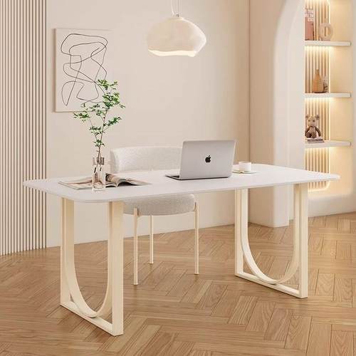 法式式奶油风岩板书桌家用台电脑桌办公桌HGO网茶红客厅白色椅桌