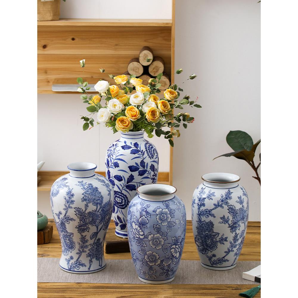中式青花瓷花瓶插花摆件水培陶瓷覆古中国风家具玄关客厅办公花插