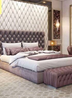 现代简12614约轻奢奶家油风布艺床用榻米拉落地主卧新婚床扣工艺