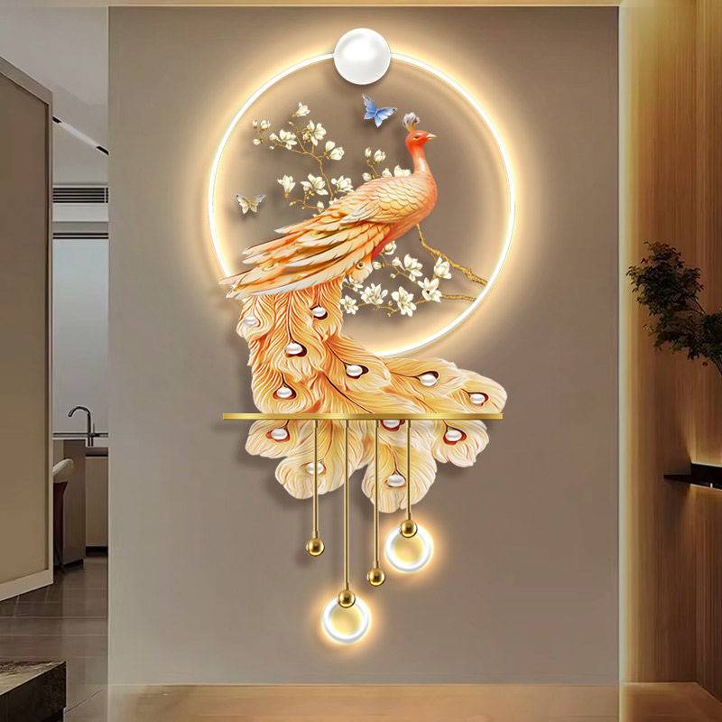新中式孔雀玄关装饰画LED灯光挂画入户正对门走廊发光立体壁画灯图片
