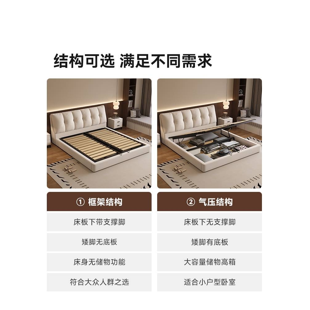 华庭鑫布艺床主卧奶油风女生卧室大床现代简约家用软包储物双人床