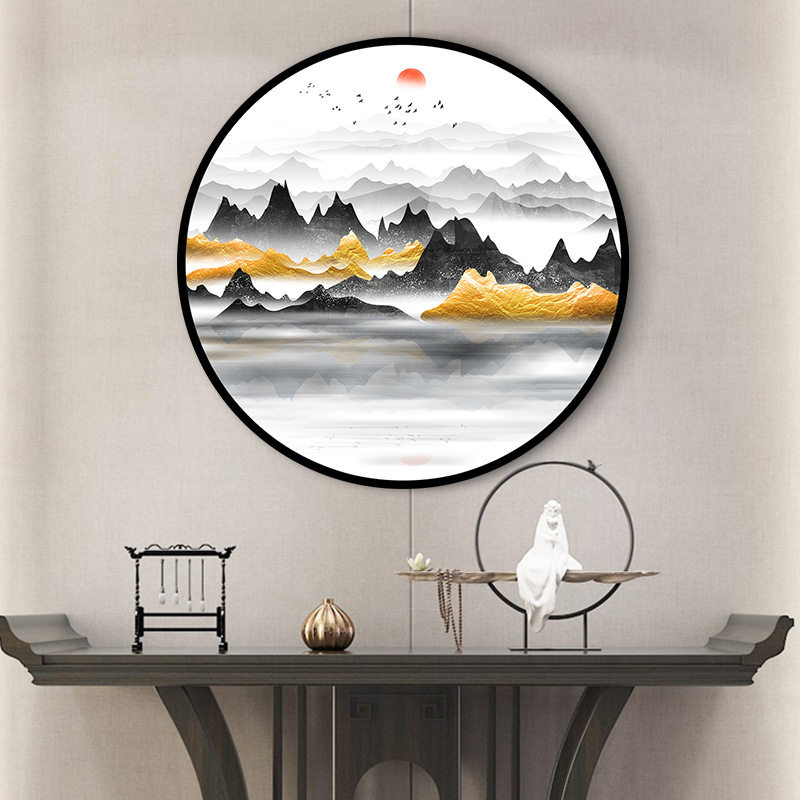 新中式背靠金山客厅沙发背景装饰画寓意好圆形山水画入户玄关挂画