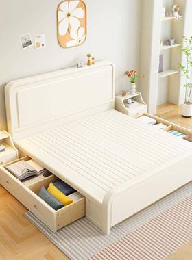 实木8床现代简户UXK约小型主卧室1.5米奶双人床白色油风1.米储物