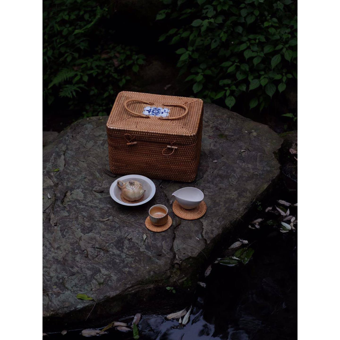 手秋茶具纯工手提物品户外藤蓝收纳天然藤编收纳箱无品牌/箱茶道