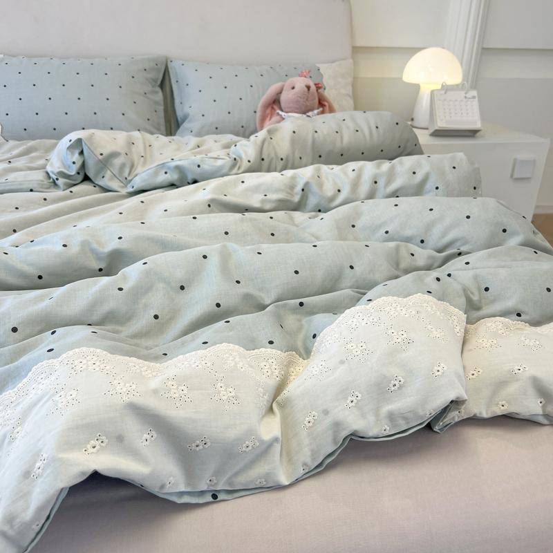 新款A类法式小清新皱皱纱花边款水洗棉床上四件套宿舍三件套