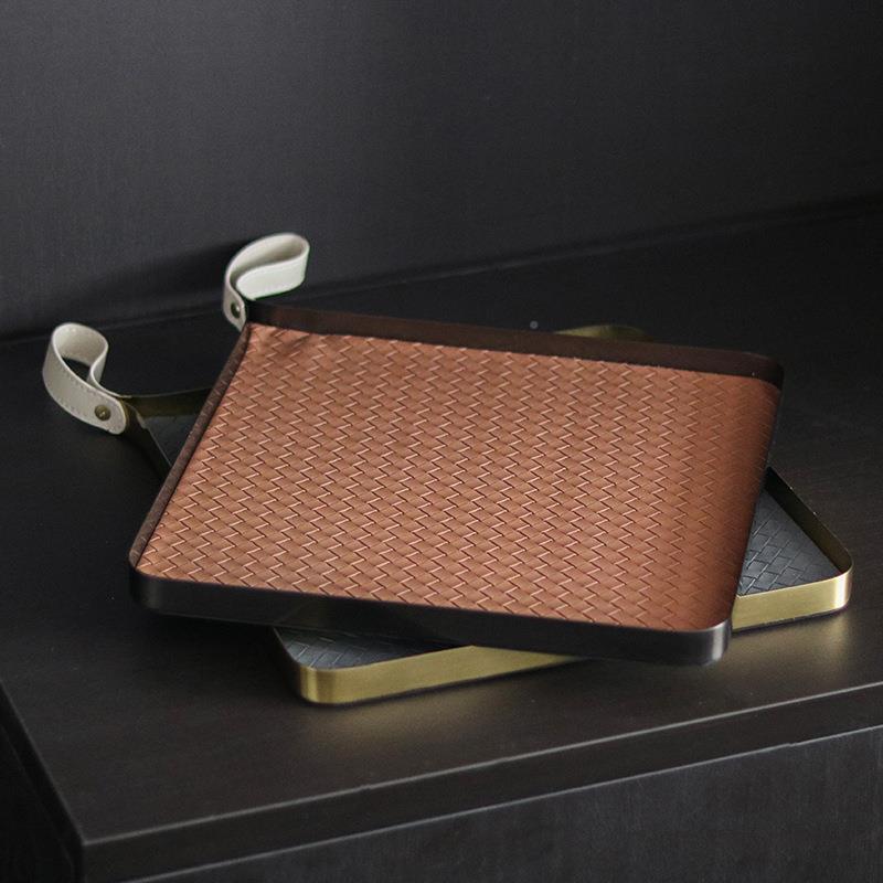 设计手师艺术编织皮革拉托盘家摆件轻LYU奢样板房酒店皮收居纳盘