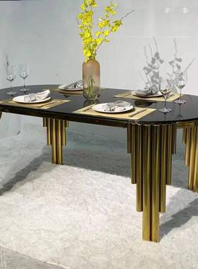 简出口轻奢不锈钢餐桌椅组合现代大约形理石客厅桌子KRM长方岩板