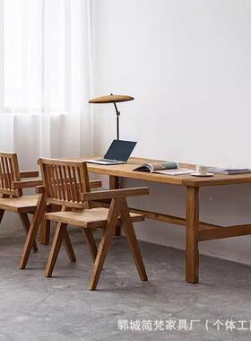 全实木大板桌老榆木工作台书桌TIJ诧饭寂原风拼餐桌风化木花长条