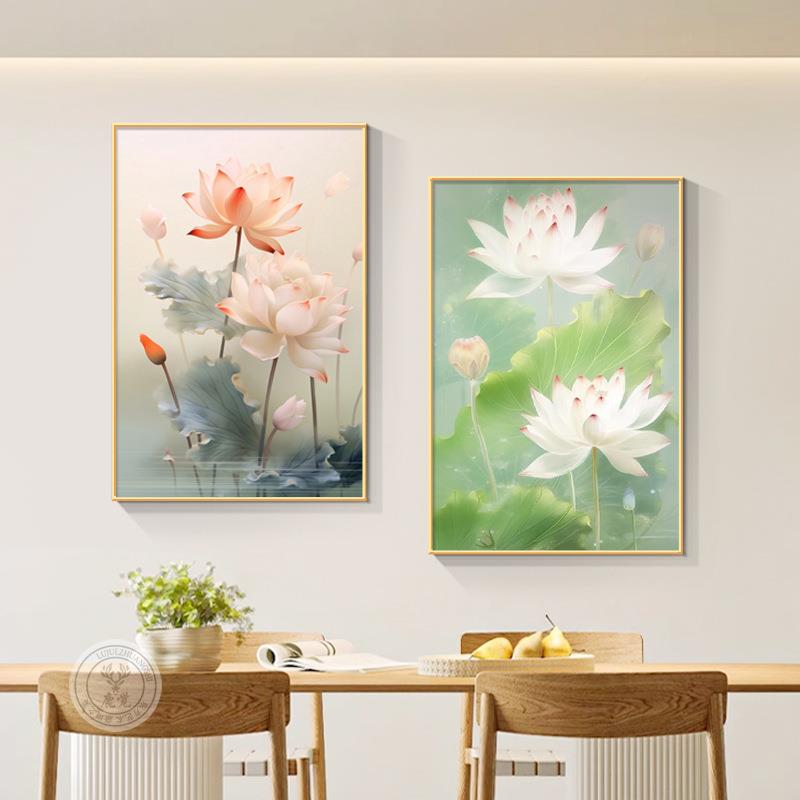 莲花挂画新中式餐厅画电茶室ZCY荷花画客厅视柜装饰画卧室床摆壁