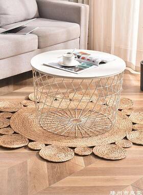 家用芦苇草床编地垫蒲草圆形织地毯卧室黄麻边客厅手垫工编QEO茶