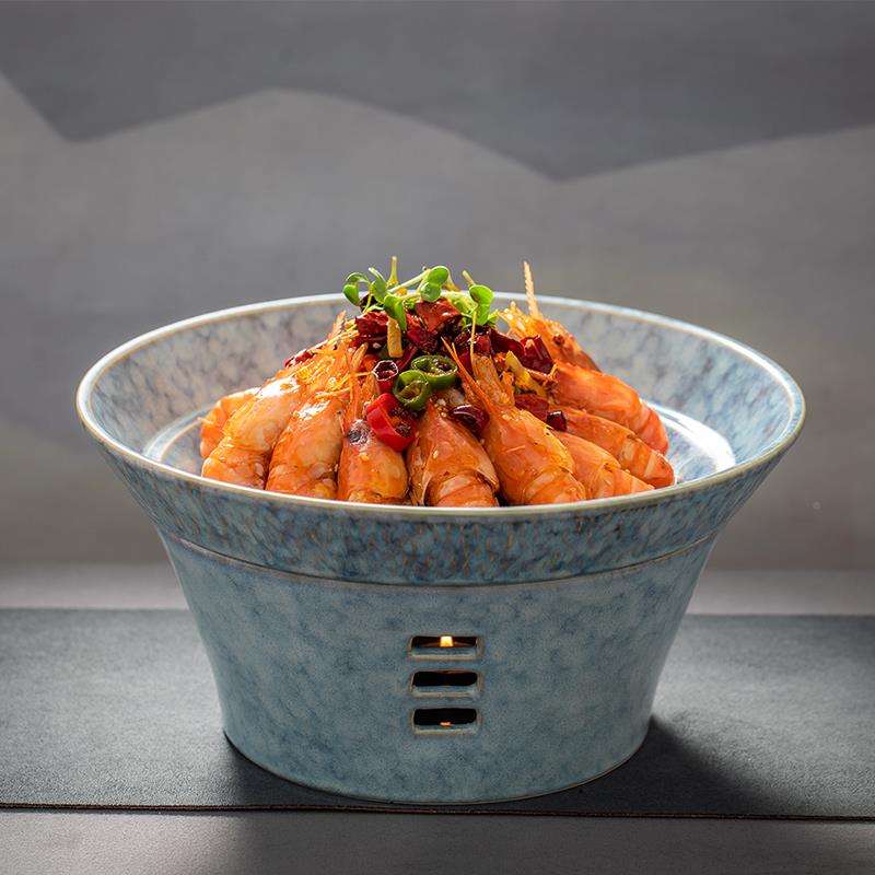 酒店特陶瓷色釉明炉意餐厅可蜡烛加热保鲍鱼温海鲜色汤盘子创F77H