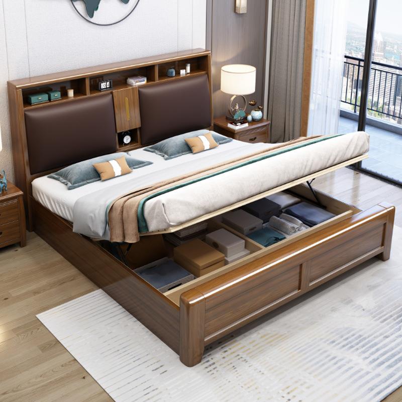 新中式实木胡桃木18米.双人15米单人.床高箱储物婚床实46563木床