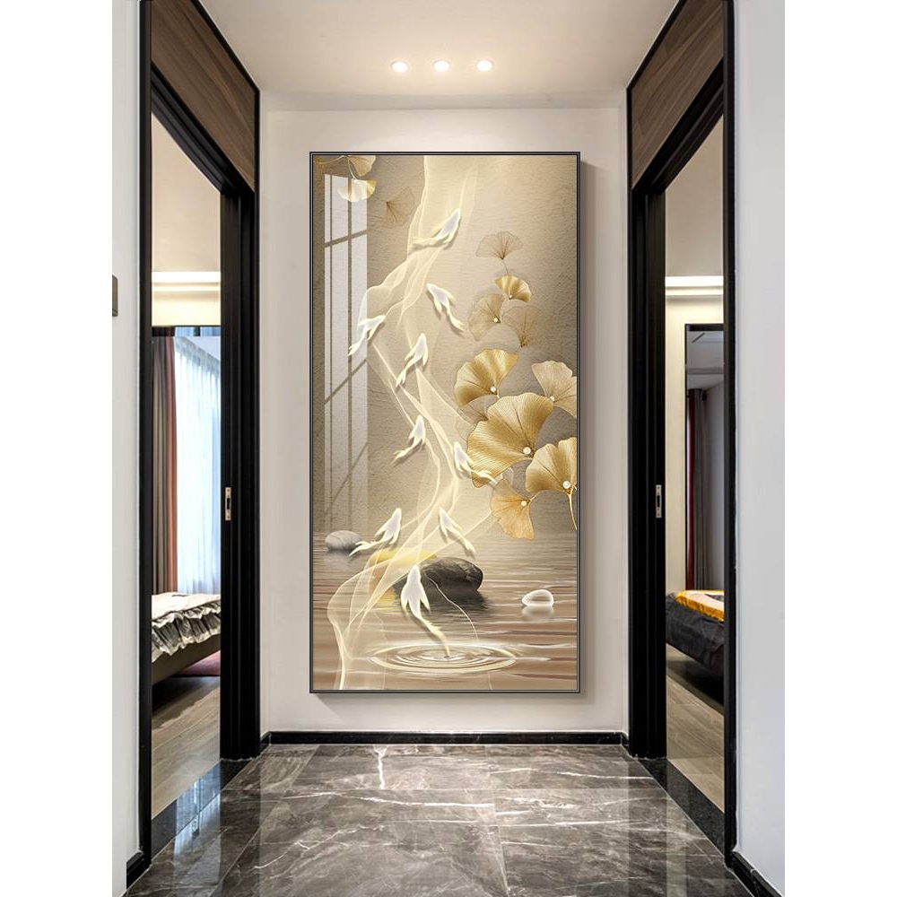 现代轻奢入户玄关装饰画寓意好走廊过道挂画竖版墙画大气九鱼壁画图片
