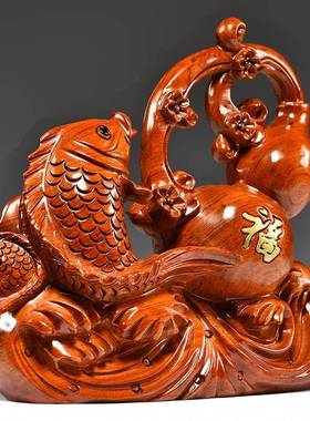 花梨木雕葫摆开件福禄有鱼41802客厅家居电芦视柜装质饰木工艺品