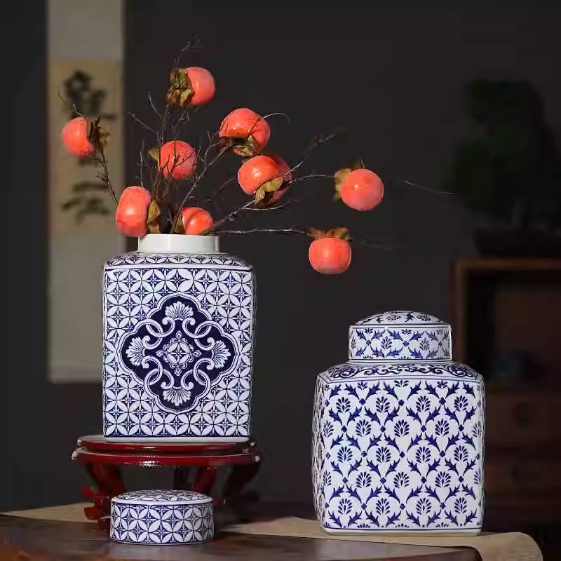 陶瓷花瓶新中式青花瓷花瓶插花瓶瓷器玄关落地摆件客厅储物罐大