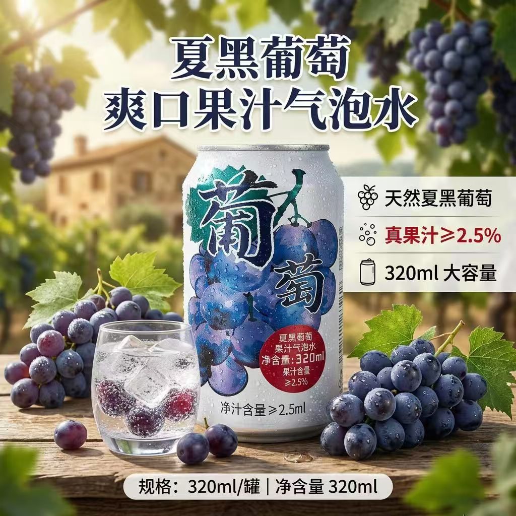 夏黑葡萄果汁汽水320ml/罐果汁气泡水清爽解渴腻调酒汽水饮料饮品