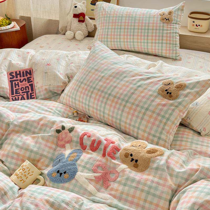 全棉100色爱织水洗棉四件件套卡通床可毛巾绣被套纯棉床单笠款YJF