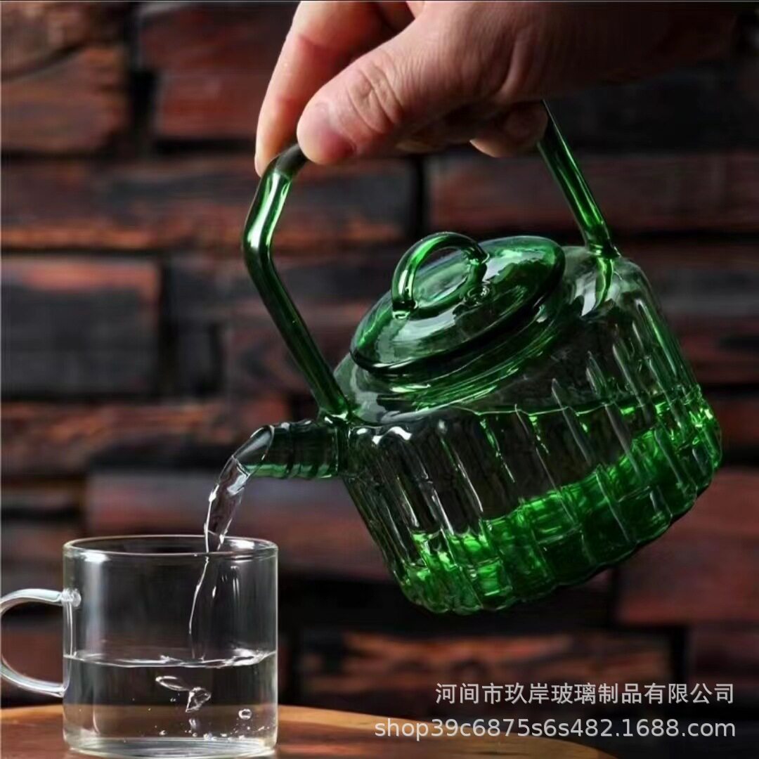 竹节绿色玻璃泡茶壶家用耐高温手提水壶创意高颜值水壶新款个性