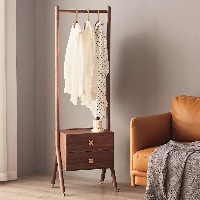 无品牌/黑胡桃木实木床头柜挂架一体小卧服衣室床边床头衣型收纳