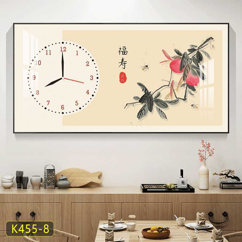 带时钟横板装饰画新中式好寓意挂画餐厅壁画客厅晶瓷壁画图片