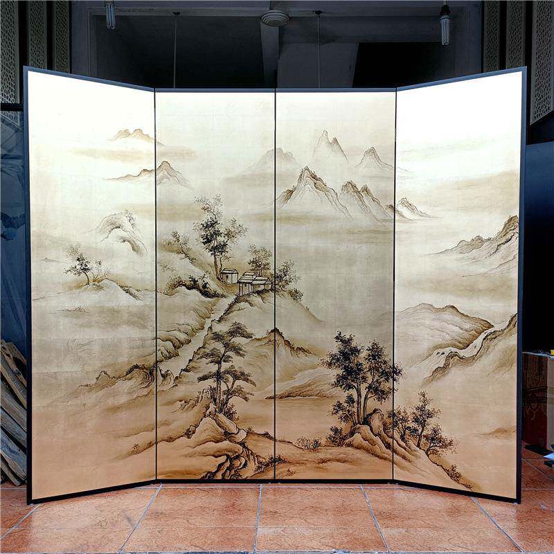 屏中式复古金箔画山水风江手绘山如画客厅茶漆江山如画室折叠移动