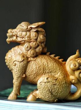 小叶黄木雕刻瑞兽麒麟摆件实木财神兽品工艺品装饰家招WBO居摆杨