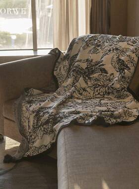 针织毯纹南法风奢pxx10043毛毯黑白沙轻发搭毯客厅鸟休闲午睡盖毯