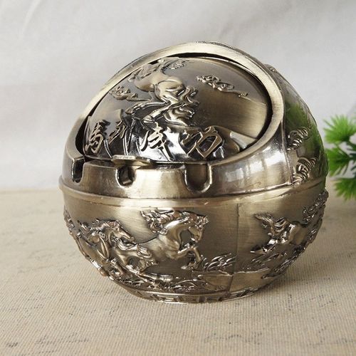 球形马老鹰虎梅兰竹菊孔雀玫瑰花图案烟灰缸摆件办公金属工艺开盖