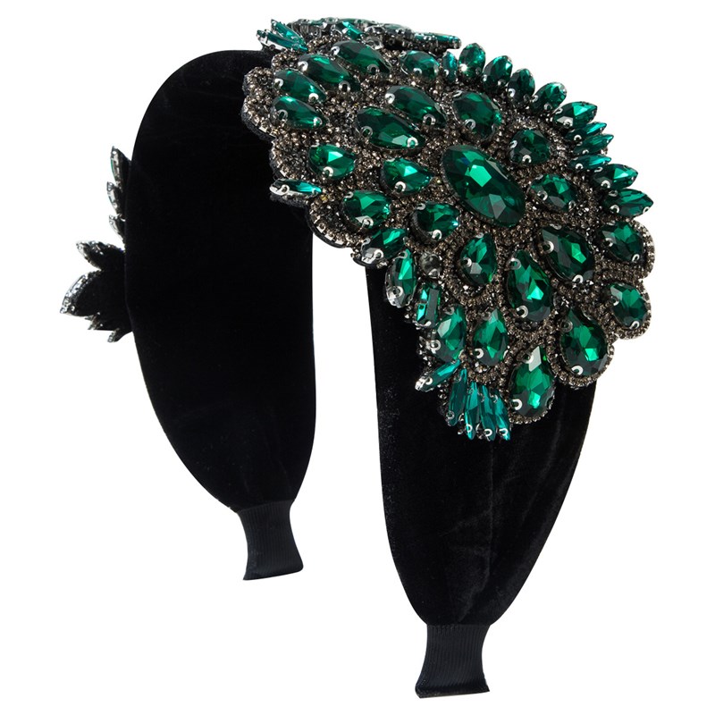 网红爆款秋冬绒布加宽发箍镶玻璃钻花朵树叶轻奢气质闪亮舞会头箍