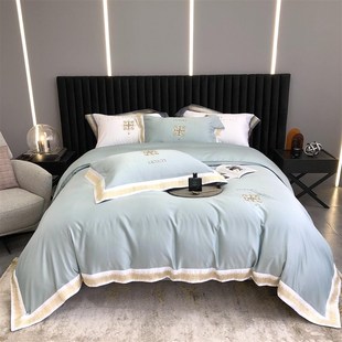 高档双面冰丝四件套简约春夏季 床上用品 刺绣被套丝滑凉感床单时尚