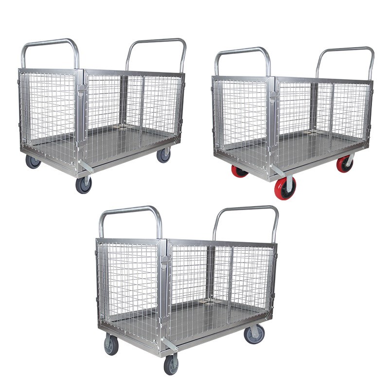 钢板网车仓库搬运货物手推车快递围栏推车物流周转车静音四轮平板