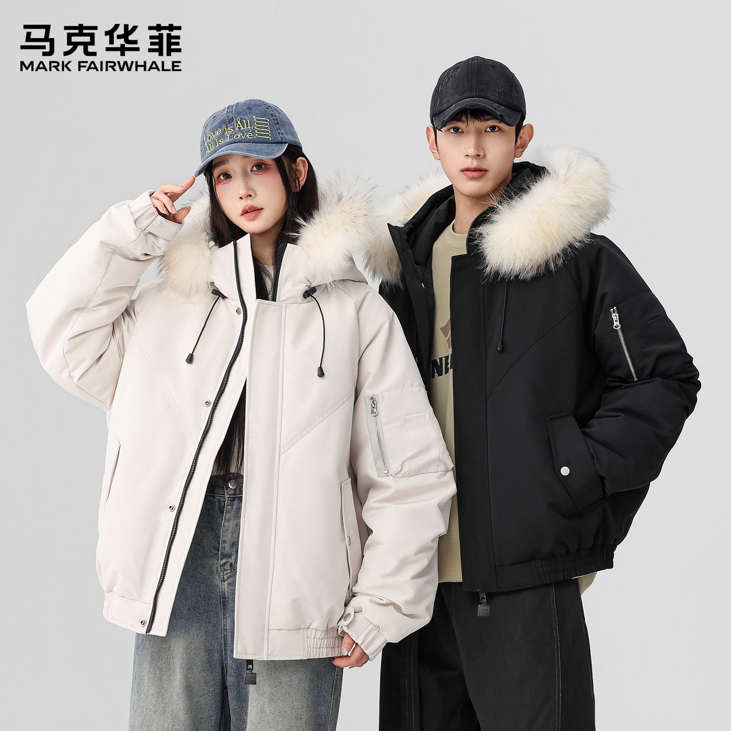 马克华菲大毛领工装羽绒服男冬季加厚保暖连帽外套宽松休闲上衣