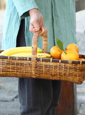 竹编HKB提子篮野古竹风大漆茶点篮复古手提篮篮便携餐篮水果篮收