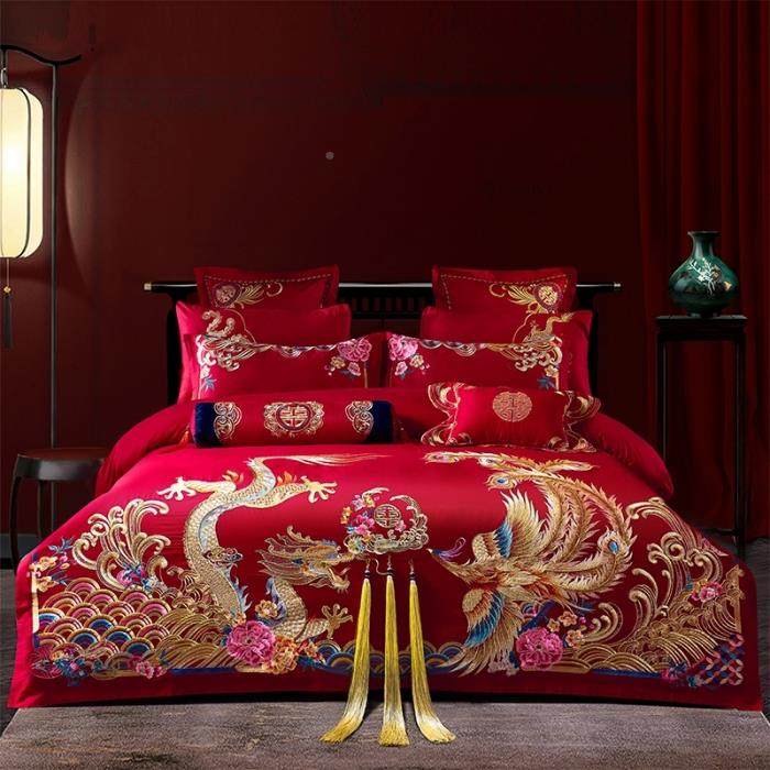 婚绣庆四件套长刺全纯棉新婚贡缎大红龙凤出嫁喜结被绒棉床上ltao
