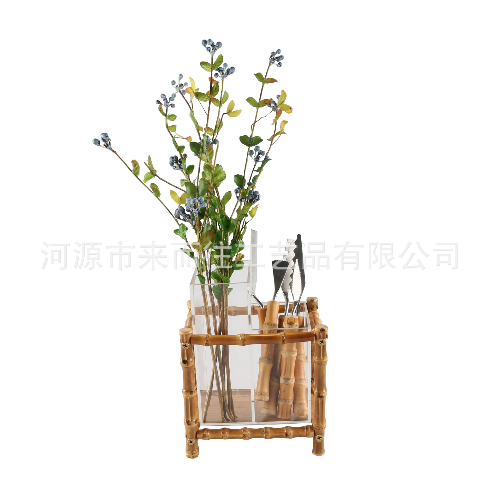 双格笔筒竹节根架高低两格方形透明亚克力桌面插花瓶化妆刷收纳盒