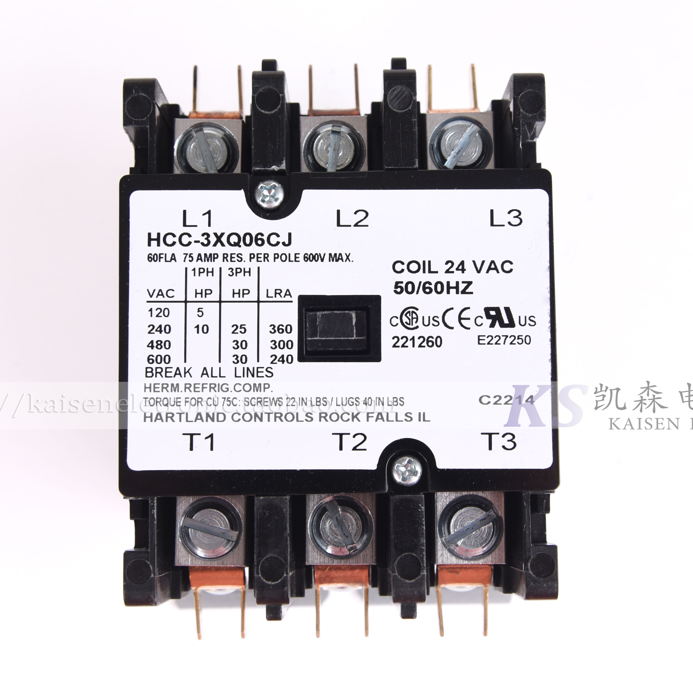 24V 60A HCC-3XQ06CJ Hartland Controls UL 美式三相交流接触器