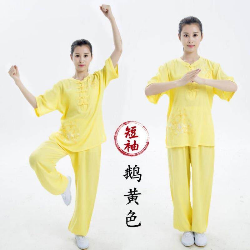 夏季薄太极拳服GFE装绣花太极服棉女短麻袖国风武术练功服新款款