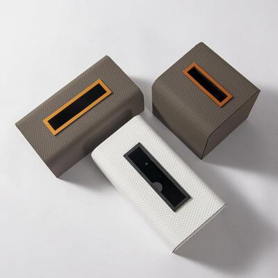 左顾简约现皮代革木质巾盒样板RZ-1704房餐桌面米咖纸色长方形抽