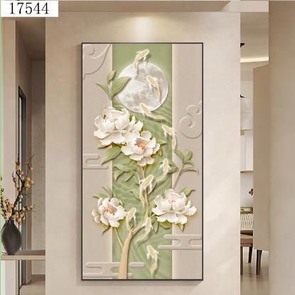 九鱼入户玄关装饰新中画式对们针挂画牡图丹走廊过PPA道尽头壁画