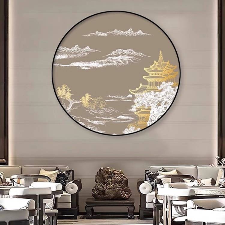 酒店客餐厅圆形浮雕挂画客厅软装立体画新中式玄关大气山水装饰画图片