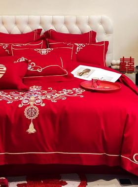 中式婚庆四件套大红喜庆婚纯棉XJK被套婚色房喜被陪嫁件六结床上
