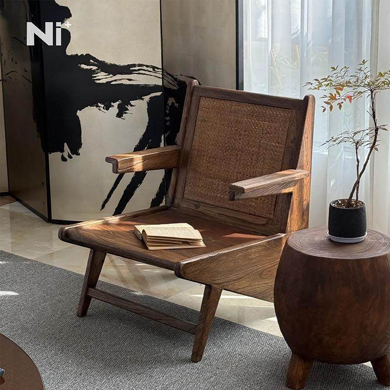 Ni+尼家中古侘寂风实木藤编椅子民宿客厅阳台休闲 躺椅藤椅沙发椅