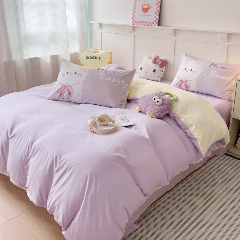 简约双拼四件套纯色印花床单被套床上用品抖音爆款亲肤床上三件套