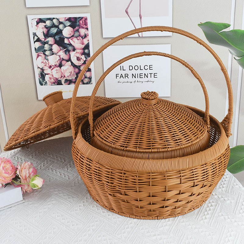 仿藤编织收纳篮圆形手提水果篮带盖野餐篮买菜篮子家用厨房礼品篮