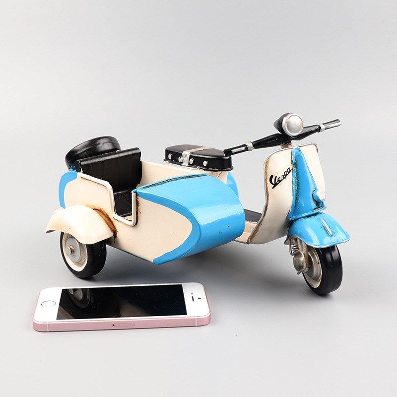 跨斗VESPA偏三轮摩托车模型铁皮小踏板工艺品橱窗收藏装饰品摆件